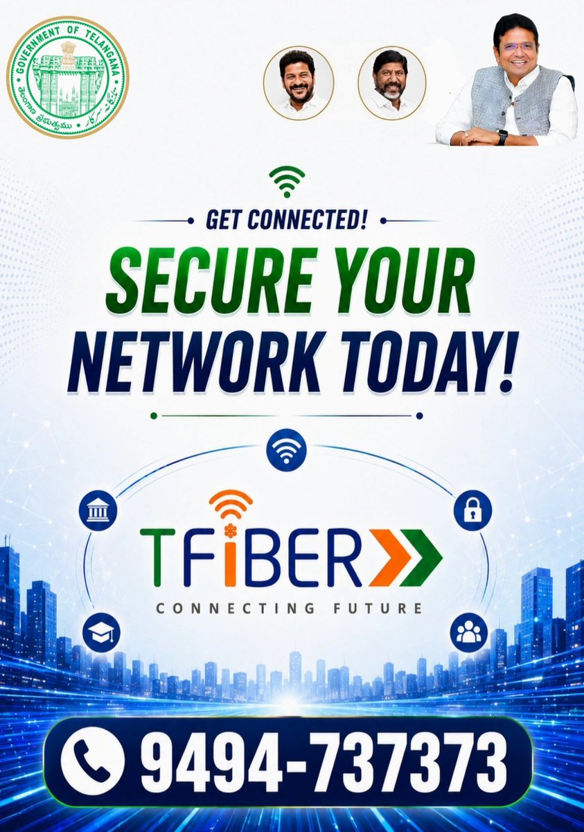 tfiberofficial's tweet photo. Get connected. Secure your network today! 🌐🔐
Powering institutions with reliable digital connectivity through T-Fiber .Building a smarter, stronger & digitally connected Telangana.
#TFiber #DigitalTelangana #DigitalConnectivity @anudeepd7 @OffDSB @MdTfiber @TelanganaCMO https://t.co/8s2ZPVz1uU