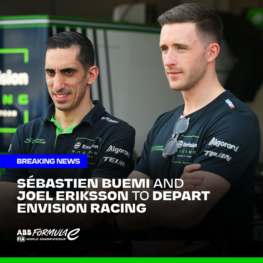 FIAFormulaE's tweet photo. 🚨 BREAKING NEWS 🚨

@Envision_Racing announces changes to its 2026/27 driver line-up, with both Sébastien Buemi and Joel Eriksson due to depart the team.

#FormulaE https://t.co/lCXjrPQTMt