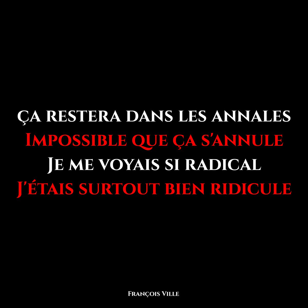 francoisville's tweet photo. Ça restera dans les annales
Impossible que ça s'annule
Je me voyais si radical
J'étais surtout bien ridicule
François Ville
#poeme #poesie #poete #psychologie #citation
https://t.co/JZEbGeVMnl https://t.co/T0OyDzKe5p