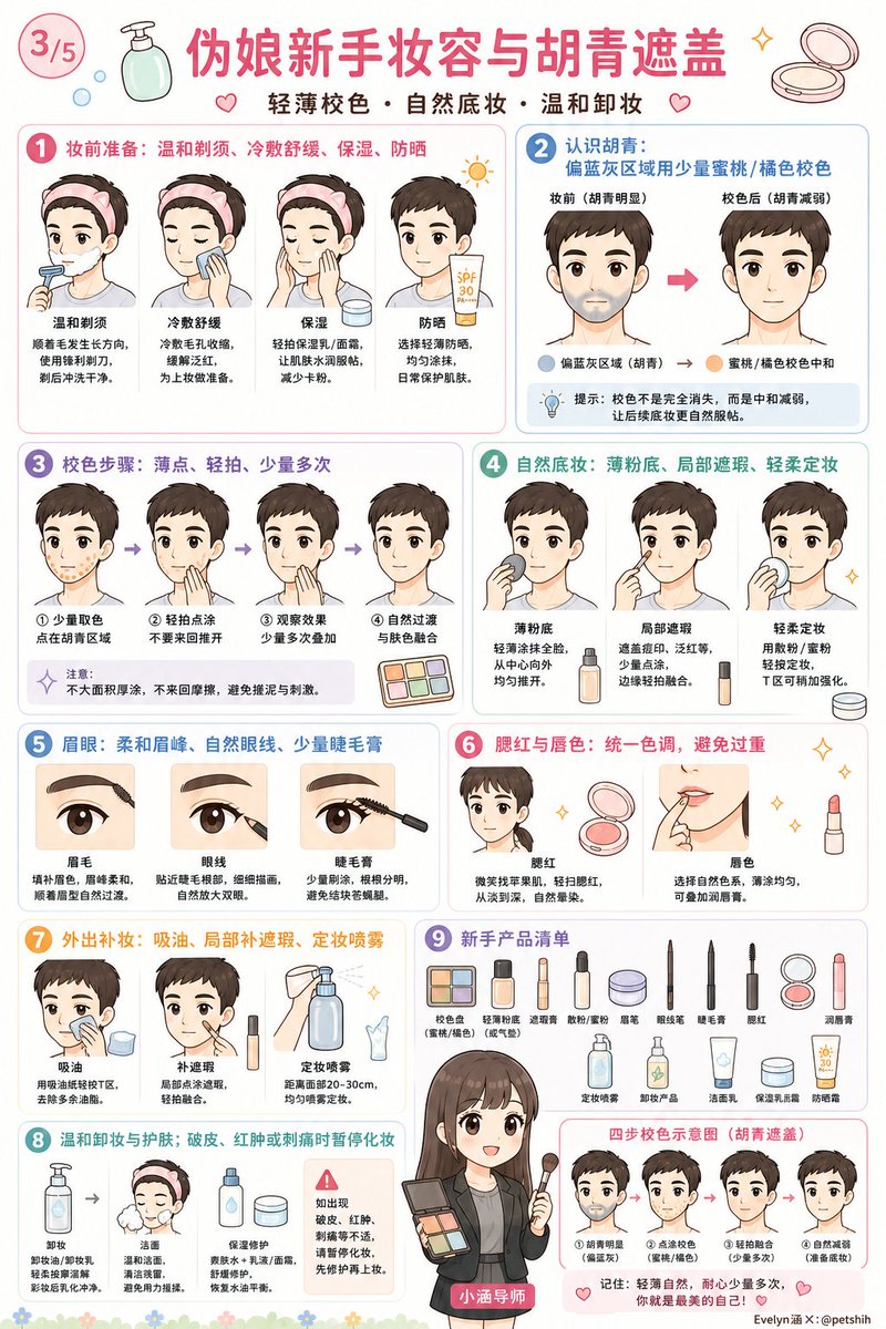 petshih's tweet photo. 💡《遮胡青别只会猛盖粉底》#3
胡青不是粉底越厚就越听话，硬盖只会让底妆像戴了一层面具。先用少量橘色或蜜桃色校正青灰，再薄薄叠上接近肤色的遮瑕，最后用粉底统一边界。
每一层都要少量、拍开、等它贴稳，别来回摩擦。小涵导师偷偷说，真正迷人的不是看不见毛孔，而是近看也干净自然。
下巴和嘴角容易积粉，记得少量定妆；晚上也要认真卸除。把胡青藏好以后，唇色和腮红会突然变得特别温柔——小心，你可能会被镜子里的自己撩到。

#伪娘教学 #化妆教学 #遮胡青 #小涵导师 #女装���常