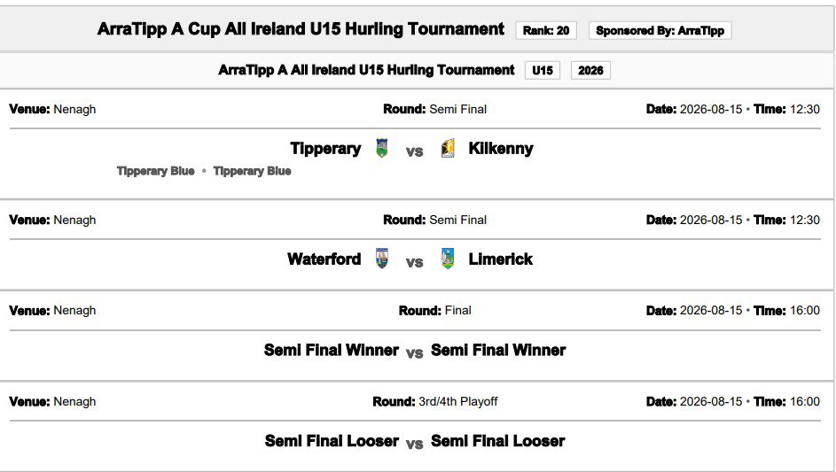 WaterfordGAACG's tweet photo. @WaterfordGAA @TonyForristal @ArenaSETU @ErinsOwnGaaClub @roanmoreclg @AussieGleeson @WhelanGavin @midcountygda @jamesla13176631 @ConorPrenderg11 @joeydoherty2 @triciagaa @wlrfm @MunsterGAA @CrokePark Our Under-15H #TalentAcademySquads26 are in action in the #ArraTipp (All-Ireland "A" SF in @nenagheireog) and in the John Doyle B Shield SF in @ToomeGAA, BEST OF LUCK to both squads along with team mentors/coaches, lead by Bainisteoir Mick Mahony from @ballygunnerHc ππβͺοΈπ΅ https://t.co/lNZNtGWrgD