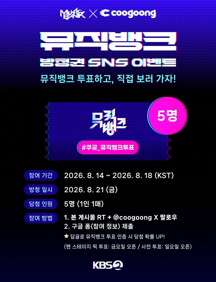 coogoong's tweet photo. [#EVENT]

🎫 KBS 뮤직뱅크 방청권 이벤트 오픈🎫

🚀RT + 팔로우 + 폼 작성하면 응모 완료💙

✔ 참여 방법
1️⃣ 본 게시물 RT + @coogoong 팔로우
2️⃣ 아래 참여 정보 제출 
👉 https://t.co/DucyHOLvpO

📨 당첨자 발표 : 8/19 (수), 당첨자 개별 안내

❕자세한 사항은 이미지를 참고해주세요.
*coogoong(쿠궁) 앱에서도 응모 가능 (총 10매)

많은 참여 부탁드립니다🔥