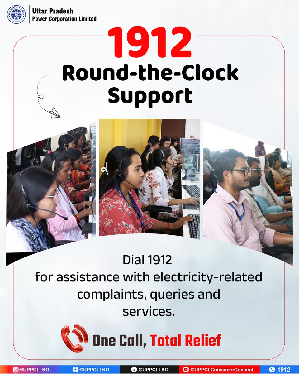 UPPCLLKO's tweet photo. Whatever your electricity service concern, UPPCL is here to assist. Call 1912 24Γ7 to register complaints, seek information or get help with service-related requests.
#UPPCL #1912Helpline #24x7Support #QuickSupport #ReliableService
@CMOfficeUP
@EMofficeUP
@aksharmaBharat
@mduppcl