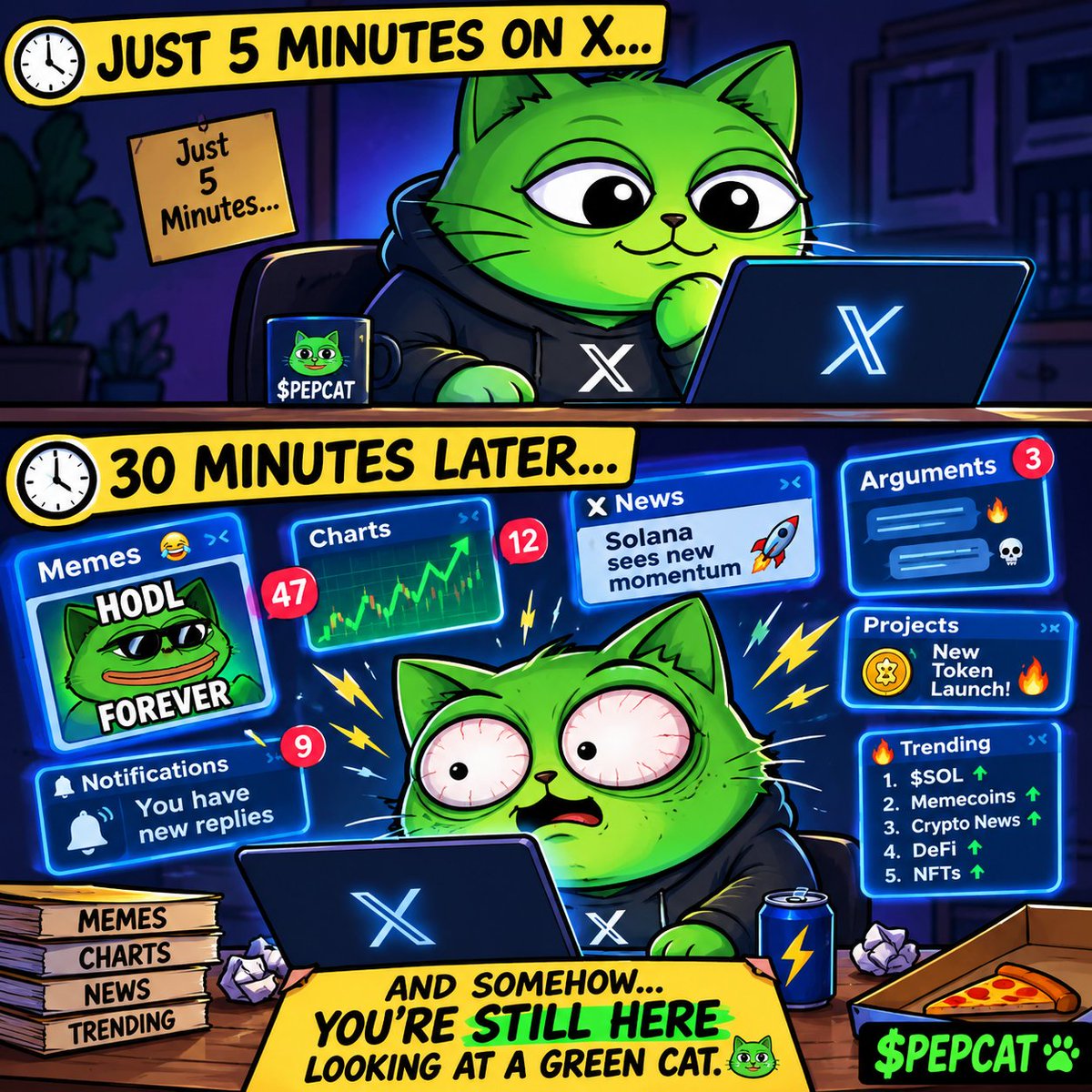 Pepcatcoin's tweet photo. POV: You opened X for “just 5 minutes.” 😭

30 minutes later:

You’ve seen 47 memes, 12 charts, 3 arguments…

…and somehow you're still here looking at a green cat. 🐈💚

$PEPCAT has entered the timeline.

Be honest — what keeps you on Crypto Twitter? 👀👇

#PEPCAT #Solana https://t.co/gGJmmfAJwo