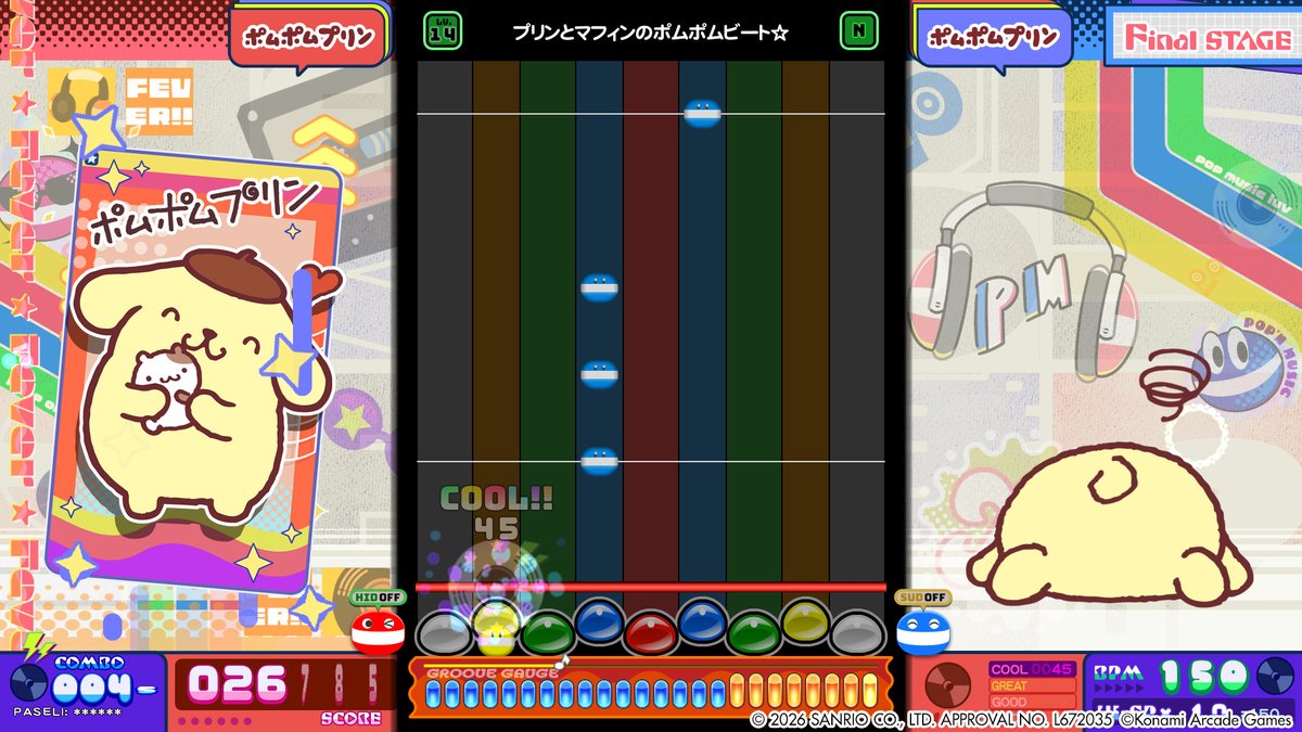 popn_team's tweet photo. 【#サンリオキャラクターズ コラボまであと3日 ～曲紹介その2～】
「#popn music High☆Cheers!!」に8/20からサンリオキャラクターズコラボで新曲が登場！
プリンとマフィンのポムポムビート☆/ポムポムプリン https://t.co/lIOb3ea5tz