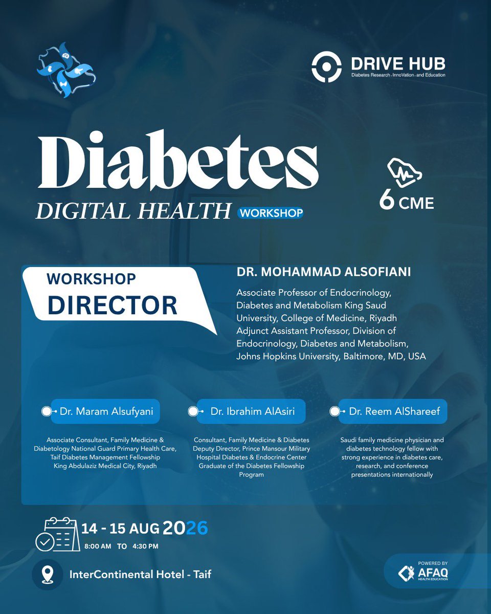 SSEMt's tweet photo. ⏳ 1 day to go!

❇️ Diabetes Digital Health Workshop

👉🏼By the DRIVE HUB - Saudi Society of Endocrinology and Metabolism 

Day 1️⃣: Building the knowledge base
Day 2️⃣: Hands-on foundations.

✅ 6 CME credits.

📍Taif- KSA
⏰ Aug 14–15.

#DriveHub #SSEM #DiabetesTech https://t.co/butjgM3JAJ