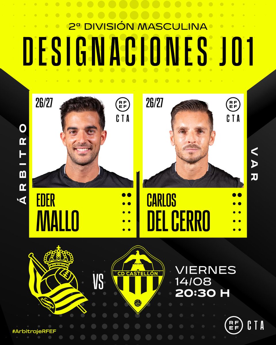 rfef's tweet photo. 𝗗𝗘𝗦𝗜𝗚𝗡𝗔𝗖𝗜𝗢𝗡𝗘𝗦 | 𝗝𝗢𝗥𝗡𝗔𝗗𝗔 𝟭 | VIERNES

🟨🟥 Estos son los árbitros elegidos para el partido que abrirá la temporada en Segunda División el viernes 14 de agosto.

👥 Designación completa: https://t.co/ysJjYyPgf6 

#ArbitrajeRFEF | @CTARFEF https://t.co/8bo50Dgwdk