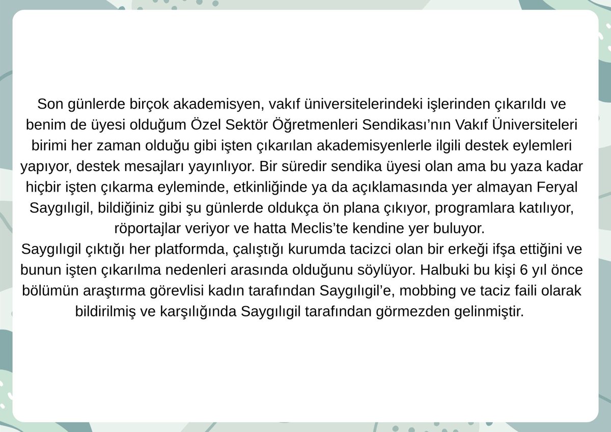 cananozcn's tweet photo. Her yerde gördünüz,Feryal Saygılıgil tacizi ifşa ettiği için işten çıkarıldığını söylüyor,oysa 6 yıl önce kadın arş. görevlisi bu kişinin tacizlerini Saygılıgil'e bildirdi ve kendisine inanılmadı,tacizci korundu ve senelerce birlikte çalıştılar,konuya ilişkin detaylı beyanımdır: https://t.co/38QBui7Phs