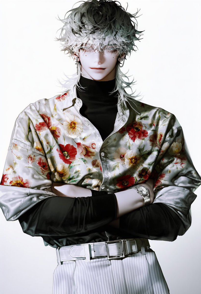 OiCLhoXau40xUBx's tweet photo. #감자의_옷장1

1man, male focus, standing confidently with arms crossed, {ear:connected chain piercing(small cross decoration)}, wearing 3::oversized loose-fit layered long sleeve button dress shirt, roll-up::, not a jacket, very thin fabric, shirt has a bold floral design of large poppy flowers in vintage muted tones (muted red, muted yellow, light beige), creating a relaxed, stylish modern look, layered over a sleek black turtleneck(long sleeve), a crisp white belt(silver square buckle), silver wristwatch, white striped black pants, creating a sharp and fashionable look, 

Background: off-white solid color, studio lighting.