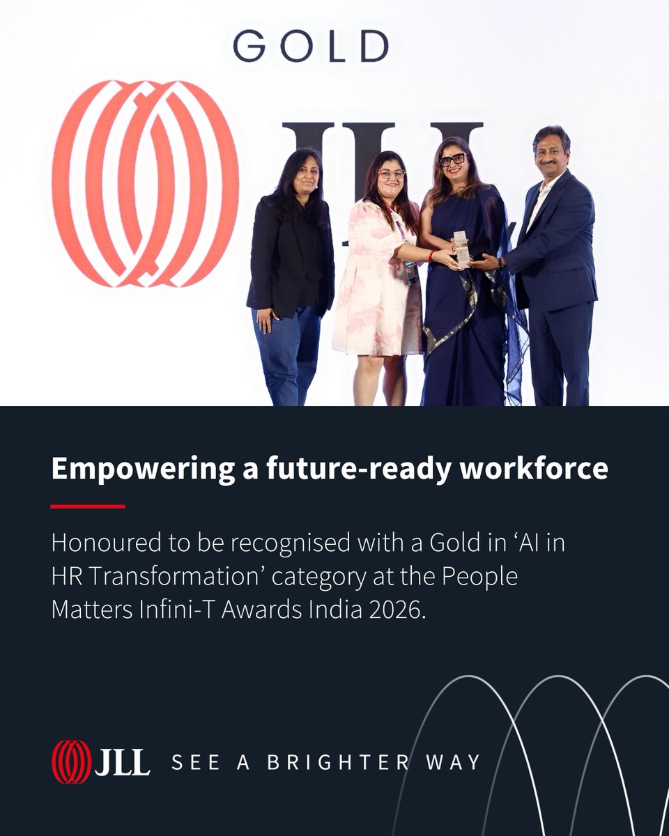 JLLIndia's tweet photo. Honoured to receive a Gold in the ‘AI in HR Transformation’ category at the People Matters Infini-T Awards India. This is a testament to our team’s commitment to implementing innovative technologies and embracing future-ready solutions.

#PeopleMattersTechHR #EmployeeExperience https://t.co/Dx6bvXVW57