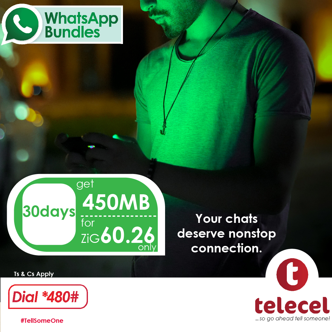 Telecel_Zim's tweet photo. Big conversations start with one message. Get your WhatsApp Bundle today. Dial *480# and stay in touch. Ts &amp; Cs Apply.
#WhatsappBundle
#StayConnected
#TellSomeone https://t.co/hbOphj48g6