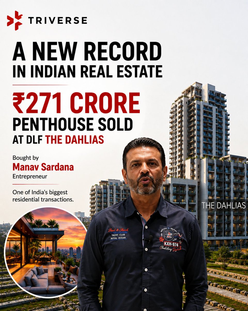 triversehome's tweet photo. A penthouse at DLF The Dahlias, Gurugram has been sold for ₹271 crore, making it India's most expensive residential property deal.
Buyer: Manav Sardana.
What are your thoughts on this landmark deal?  #indianrealestate #gurugramrealestate #DLFTheDahlias #manavsardhana https://t.co/kLVsIfpM7p