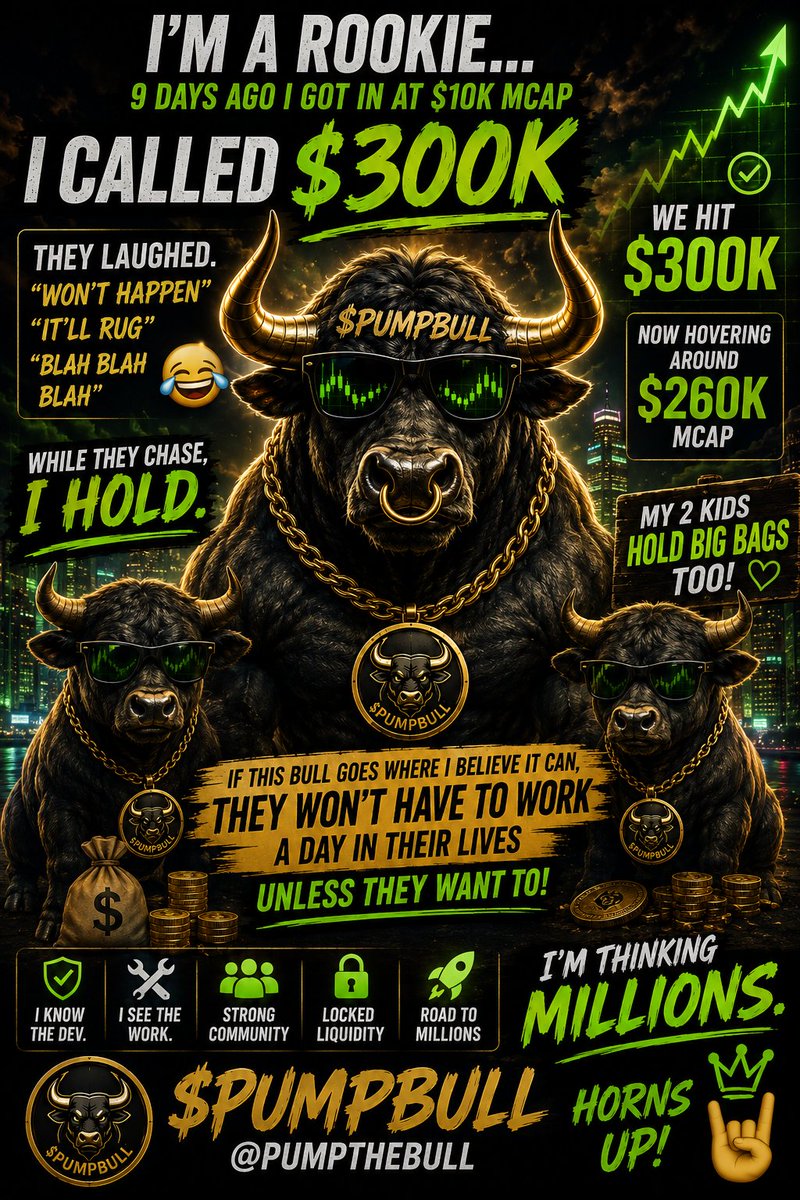 JamalHaynes10's tweet photo. I’M A ROOKIE… but 9 days ago I grabbed $PUMPBULL @pumpthebull at $10K MCAP. 🐂🔥

I called $300K. They laughed. Said it would rug.

WE HIT $300K. 🎯

While they chase the next coin, I’M STILL HOLDING MY HUGE BAG. 💎

And my 2 kids hold big bags too. If this Bull goes where I believe it can, they may never have to work unless they WANT TO.

I’m not thinking $300K.

I’M THINKING GENERATIONAL.
I’M THINKING MILLIONS. 🚀🐂

🤘 HORNS UP!
