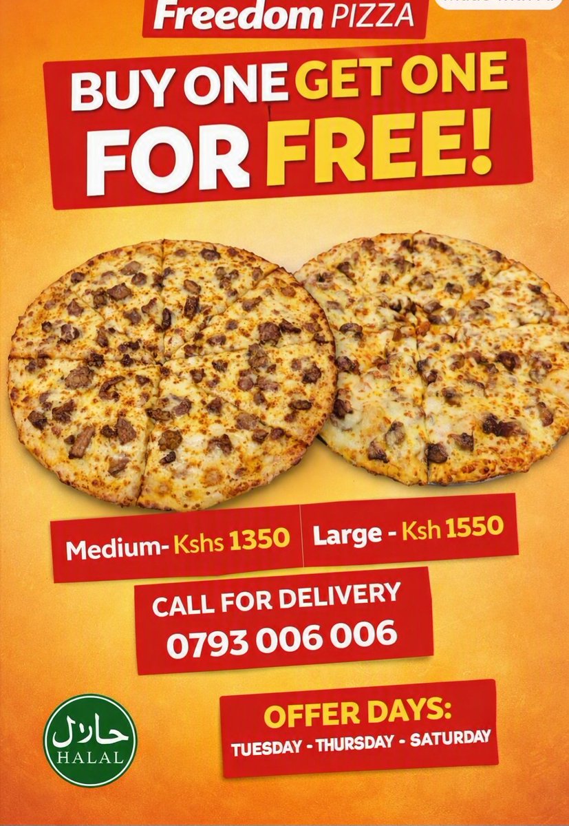 HouseofMandi's tweet photo. Boss has spoken! 🗣️ 

Forget the 1050/- on the menu—this August, grab a Medium Pizza 🍕 + 500ml Soda for only Ksh 880!

Twende kazi, your wacha mbongi ifurahie.

📲 Order Now: 0793 006 006
#NairobiEats #freedompizza #NairobiDeals https://t.co/AgE2YpJ1Mo