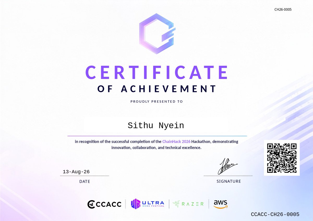 thesithunyein's tweet photo. Got my ChainHack 2026 Certificate of Achievement from CCACC.
Built Vectra for factory ops in Malaysia and SEA. Top 6 finalist.
Congrats to Canopy, AI Elevate Finance, and Snitch.
Thanks CCACC, Ultra Web3, Razer, and AWS. Keep building.
cc @ccacc_hub
#ChainHack #Web3 #Industrial50 #Solana #AWS