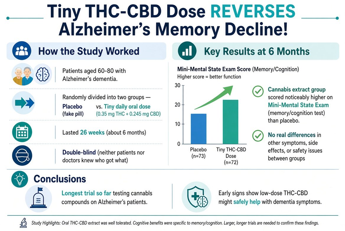 marclanders's tweet photo. Tiny THC-CBD Dose REVERSES Alzheimer’s Memory Decline!

How the Study Worked: 

Involved patients aged 60-80 with Alzheimer's  dementia. Randomly split into two groups: one got a fake pill (placebo),  the other got a tiny daily oral dose (0.35 mg THC + 0.245 mg CBD).  Lasted 26 weeks (about 6 months); neither patients nor doctors knew who  got what (double-blind). 

Key Results at 6 Months: 

Patients on the  cannabis extract scored noticeably higher on a standard memory/cognition  test (Mini-Mental State Exam) than the placebo group. No real  differences in other measured symptoms, side effects, or safety issues  between groups. 

Conclusions: This is the longest trial so far testing  cannabis compounds on Alzheimer's patients. Early signs show low-dose  THC-CBD might safely help with dementia symptoms.
https://t.co/rc4pQ1Ob4D