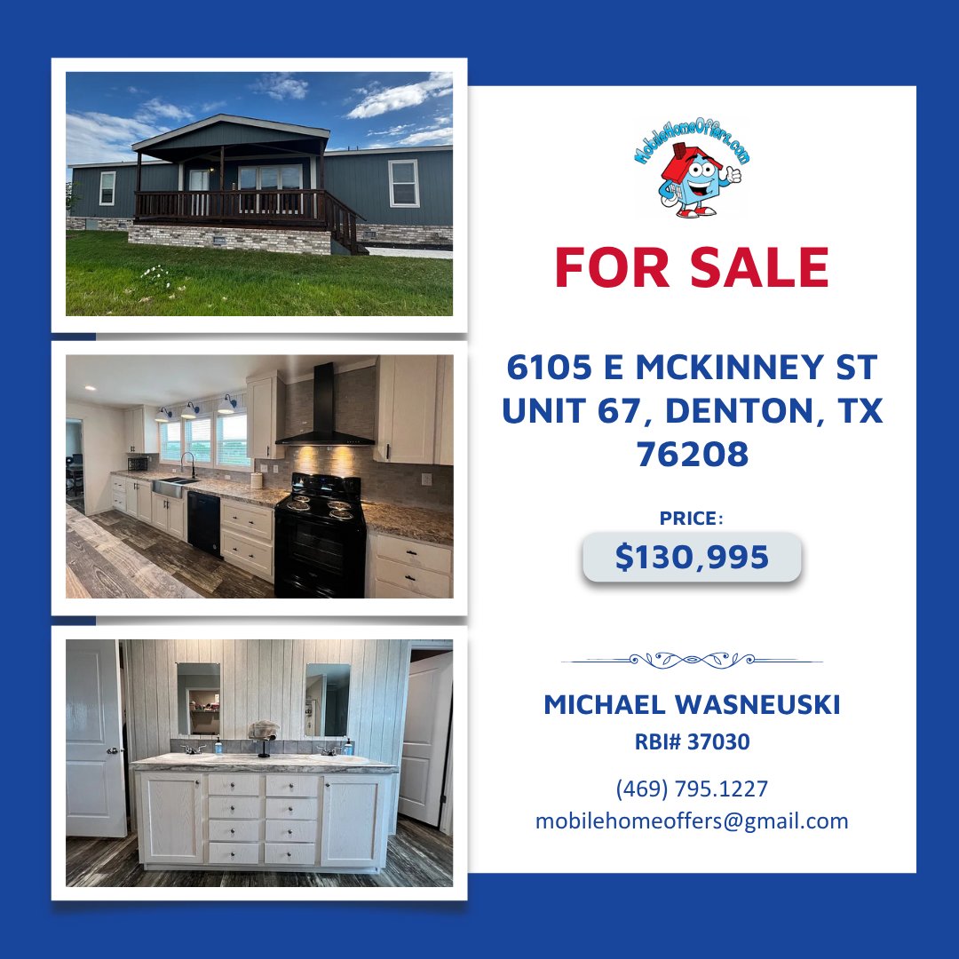 MobileHomeOffer's tweet photo. Could this be your next home? 🏡 3BR/3BA in Denton, TX for $130,995 with a flex room, huge kitchen island &amp; resort-style amenities. Worth a closer look? https://t.co/5aYV9R9A6O 

#MobileHomeOffers https://t.co/2nx6NkG7Us