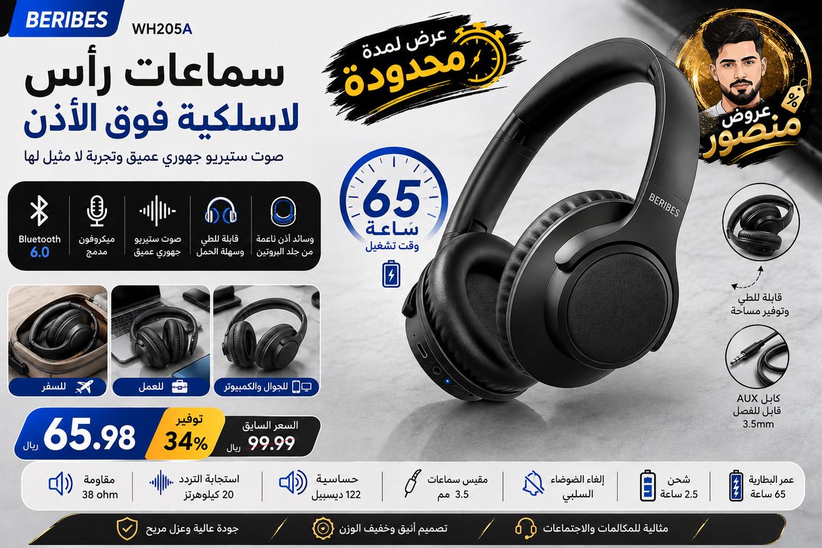 iherb919's tweet photo. تخيل تشحن سماعتك… وتنسى موضوع الشحن تقريبًا 😎🎧

🔋 65 ساعة تشغيل
🎵 صوت ستيريو جهوري وعميق
📱 Bluetooth 6.0
🎙️ ميكروفون للمكالمات
🧳 قابلة للطي ومناسبة للسفر
والأجمل؟ 👇
بدل 99.99 ريال
تصير لك بـ 65.98 ريال فقط 🔥
عرض محدود لا يفوّت 👀
https://t.co/I2vull6OFN
 #صباحكم https://t.co/XAYGANXLn3