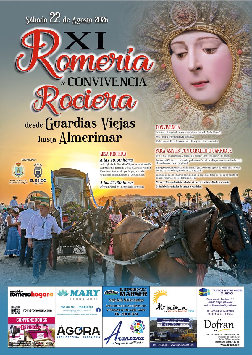 hdadrocioejido's tweet photo. El sábado 22 de agosto tendrá lugar nuestra XI #Romería y #Convivencia #Rociera en honor a la #VirgendelRocío desde #GuardiasViejas hasta #Almerimar
La convivencia será en la explanada junto al chiringuito Evasión (antes llamado La Mala Pécora). ¡Te esperamos! https://t.co/WoyscRXOST