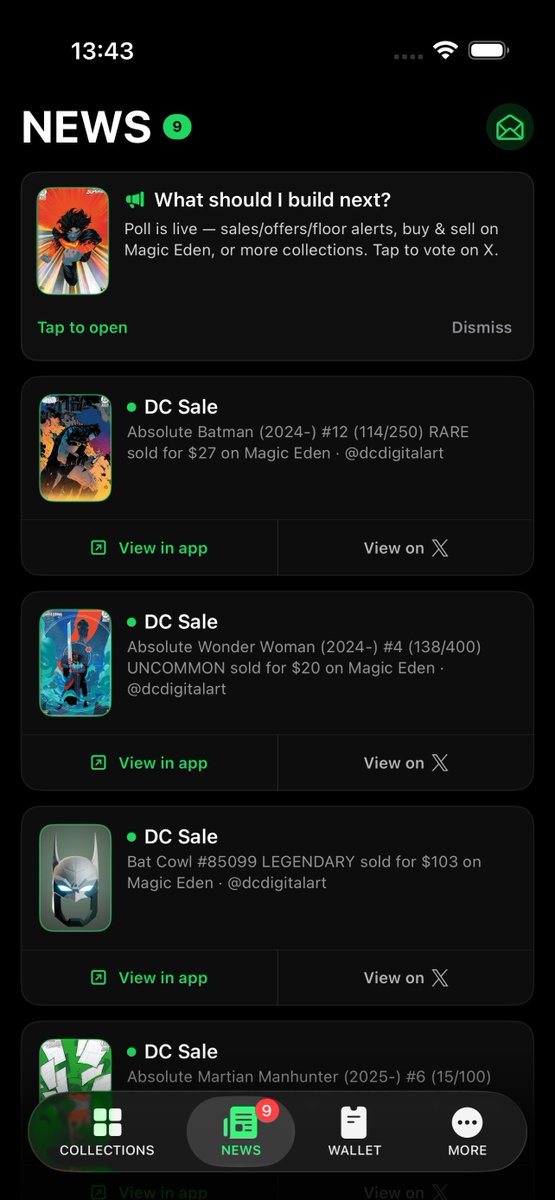 dcdigitalart's tweet photo. 1.5 is live for Digital Art Collectibles on iOS

What’s new:
→ News Feed with live 🦇 DC @MagicEden sales
→ Optional Sales &amp; Offers Alerts per collection
→ Wallet Improvements (VIP)
→ Share Any Comic, Bat Cowl or Collection

Free App Store update - Alerts in More ✌️ https://t.co/U1UJUtXWPZ