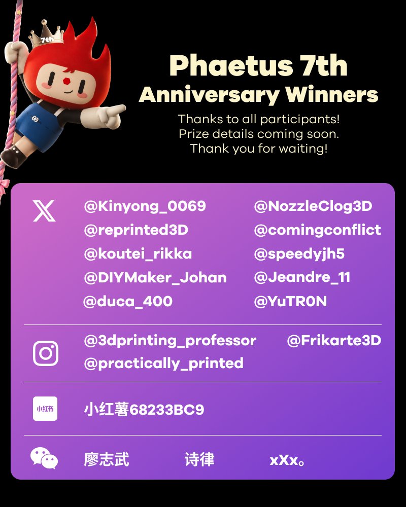 phaetus3D's tweet photo. Happy to announce that #Phaetus7th Anniversary event has come to a successful end! 🥳
A huge thank you to our incredible community for all the love and support.
✨ Winners Revealed: The lucky winners are listed below! Exclusive gifts are being prepared—get ready for your surprise! 🎁
🎟️ Perk Alert: As promised, everyone who liked, retweeted, or commented on our main anniversary post gets a $3 OFF (No minimum spend) coupon! Drop us a DM if you'd like to use it.

Here’s to many more years together! 🚀

#Phaetus #3DPrinting #AnniversaryGiveaway

@Kinyong_0069  @reprinted3D @koutei_rikka  @DIYMaker_Johan @duca_400 @NozzleClog3D @comingconflict @speedyjh5 @Frikarte3D @YuTR0N @Jeandre_11