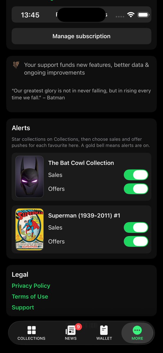 dcdigitalart's tweet photo. 1.5 is live for Digital Art Collectibles on iOS

What’s new:
→ News Feed with live 🦇 DC @MagicEden sales
→ Optional Sales &amp; Offers Alerts per collection
→ Wallet Improvements (VIP)
→ Share Any Comic, Bat Cowl or Collection

Free App Store update - Alerts in More ✌️ https://t.co/U1UJUtXWPZ