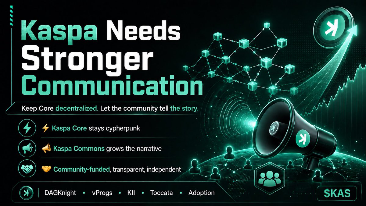 Kaspamama's tweet photo. 🚨 Kaspa has a marketing problem. 

Yonatan has made it clear that he doesn’t want the main Kaspa account to become a centralized, polished corporate marketing machine.

And honestly, I agree with that. 🫡

Kaspa’s decentralization ethos matters. The protocol should not feel like it’s controlled by one company, one spokesperson, or one official marketing department.

But here’s the trade-off:

Decentralization should NOT mean weak communication. 📣

Right now, some of the most important developments around Kaspa are barely understood outside the existing community:

⚡ DAGKnight
🧠 vProgs
🏗️ KII
🎼 Toccata
💻 Developer progress
🏛️ Institutional infrastructure
🌍 Real-world adoption use cases

The technology can be world-class, but if people outside the bubble don’t understand what is being built, Kaspa loses attention, developers, institutions, and mindshare to projects that are simply better at telling their story.

That’s why I think the community should seriously consider supporting Kaspa Commons / Chad Ballantyne as an independent communications and marketing arm for the ecosystem. 🤝

Not official Kaspa marketing.
Not controlled by Core.
Not corporate hype.

But professional, community-funded storytelling:

🎥 videos
🧵 threads
🎙️ interviews
📰 ecosystem updates
📚 explainers
🚀 adoption stories
👨‍💻 developer content
📢 outreach beyond the current Kaspa audience

Chad has already shown that he knows how to communicate Kaspa and grow an audience organically.

This could give us the best of both worlds:

Kaspa main account stays decentralized and cypherpunk.
Kaspa Commons tells the story professionally.
The community funds it transparently.

✅ Clear deliverables
✅ Transparent budget
✅ Measurable goals
✅ No control over the protocol

Because the problem is not that nothing is happening.

The problem is that too few people know what is happening.

Kaspa doesn’t need centralized marketing.

But it absolutely needs stronger communication. ⚡

Would you support a community-funded push to grow Kaspa Commons and tell the Kaspa story properly?

@ChadBallantyne @hashdag @michaelsuttonil @Kaspa_HypeMan @travladd @realvijayk @KaspaKii @Kaspa_KEF 

$KAS