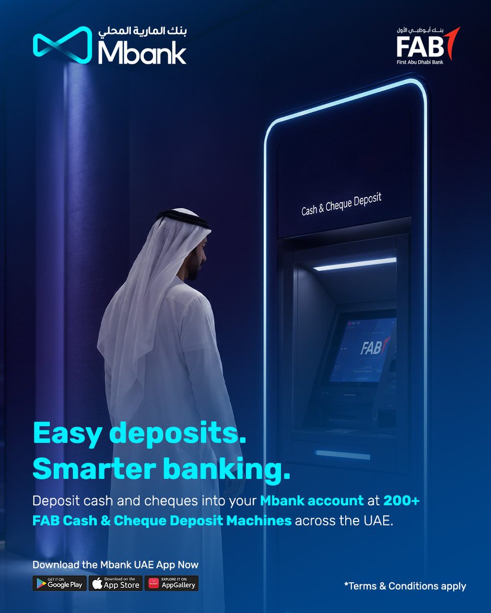 almaryahbank's tweet photo. ودّع الانتظار، وكُن أقرب لاحتياجاتك المالية
عملاء بنك المارية المحلي يقدرون إيداع الكاش والشيكات بكل سهولة عبر أكثر من 200 ماكينة من ماكينات بنك أبوظبي الأول FAB المنتشرة في مختلف أنحاء الإمارات.
إيداع أسهل، خيارات أكثر، وراحة أكبر.

Say goodbye to waiting and enjoy more convenience with your banking needs
Customers of Mbank can easily deposit cash and cheques through 200+ FAB ATMs across the UAE.
Easier deposits, more options, and greater convenience.

#Mbank #digitalbanking