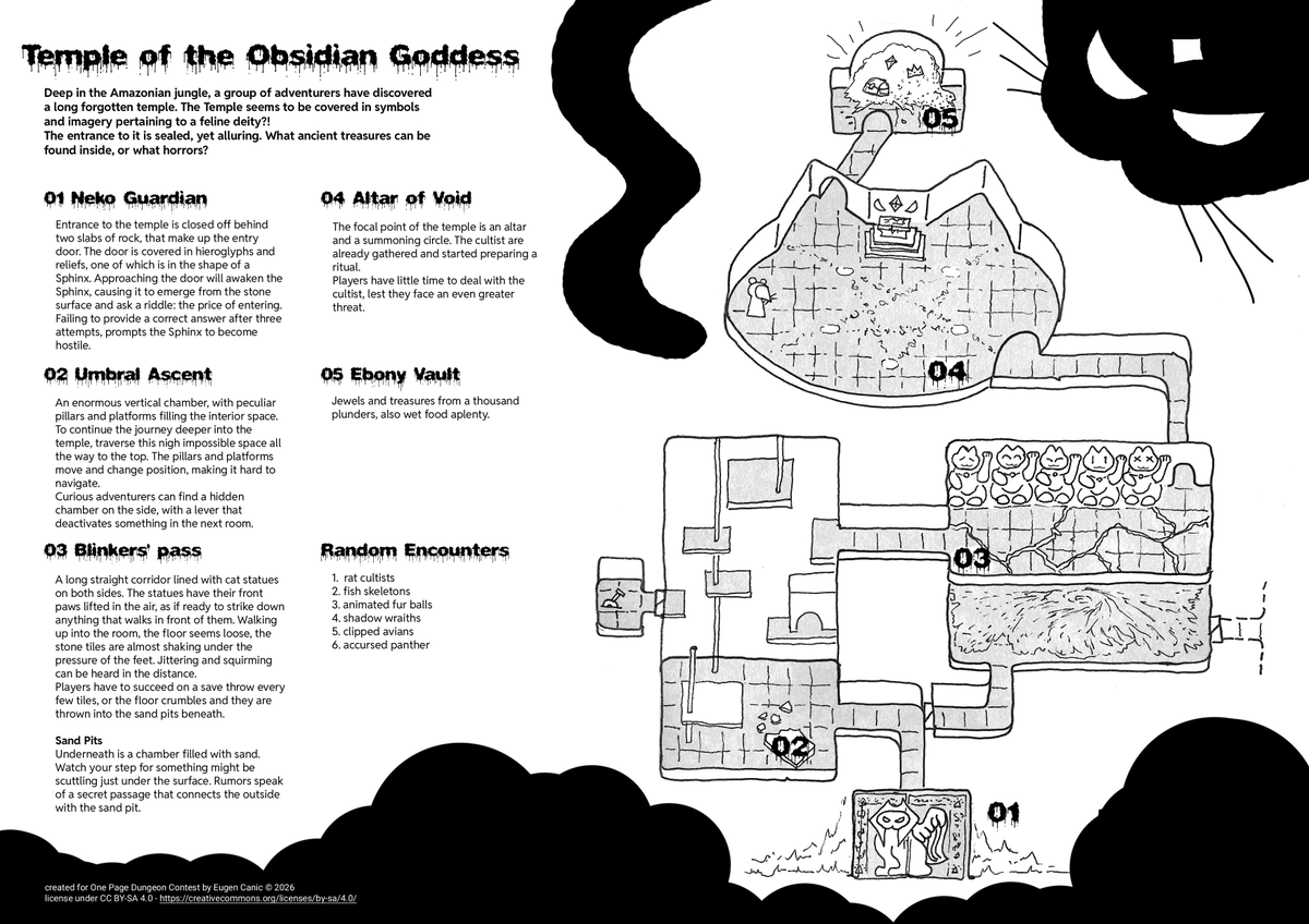 yugeenLD's tweet photo. My entry for this years One Page Dungeon Contest:

🐈‍⬛Temple of the Obsidian Goddess 🐈‍⬛
A 5 room structure Dungeon, with a lot of cat references and Easter eggs

Download the map in full res from my itchio page
https://t.co/9rSbStx7m2 https://t.co/JjDt08XZst