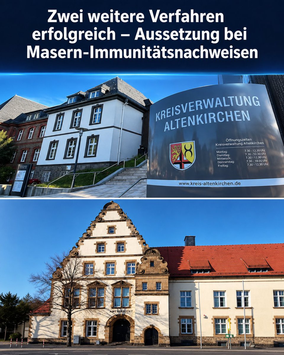 NextLevelWissen's tweet photo. 💥 Zwei weitere Verfahren erfolgreich – Aussetzung bei #Masern-Immunitätsnachweisen
Erneute Erfolgsmeldungen aus der NL Wissens-Recht-Praxis: zwei weitere Verfahren rund um sogenannte „Masern-Immunitätsnachweise“ wurden ausgesetzt – in beiden Fällen hat das NEXT LEVEL-Team die Betroffenen bis zur Entscheidung begleitet.
🏛 Was konkret passiert ist
Kreisverwaltung Altenkirchen – Ein Zwangsgeldverfahren zur Durchsetzung der Nachweispflicht. NEXT LEVEL war bei der Anhörung vor Ort und verteidigte die Betroffenen.
Ergebnis: Die Kreisverwaltung setzte das Verfahren aus.
Amtsgericht Grevenbroich – Ein Bußgeldbescheid wegen eines angeblich fehlenden Masernnachweises.
Ergebnis: Das Gericht setzte das Verfahren aus.
⚖️ Warum das Gewicht hat
Die Verfassungsmäßigkeit der Nachweispflicht nach § 20 IfSG gegenüber schulpflichtigen Kindern steht bislang gerade nicht fest. Die Aussetzung erfolgt daher im Interesse einer einheitlichen Rechtsprechung und um der höchstrichterlichen Entscheidung des Bundesverfassungsgerichts über diese offene verfassungsrechtliche Frage nicht vorzugreifen.
Zugleich ist eine zentrale Frage Gegenstand aller Verfahren: ob ein „Krankheitserreger“ im Sinne des IfSG überhaupt nachgewiesen ist.
📲 Du bist selbst betroffen?
Ein laufendes Bußgeld-, Zwangsgeld- oder Betretungsverbotsverfahren musst Du nicht allein angehen:
👉 Persönliche Wissens-Recht-Beratung – für die individuelle Begleitung Deines konkreten Falls, vom ersten Schritt bis zur Verhandlung. → Kostenloses Erstgespräch vereinbaren: https://t.co/eDTzLdsEkJ
👉 NEXIQA-App – die führende KI für kritisches Denken bietet intelligente Lösungen für Anliegen rund um das IfSG: fundierte Argumentation, verlässliche Nachweise, direkt in der App. ⬇️
Hinterfrage, was als gesichert gilt.
Frag NEXIQA – die kritischste KI der Welt.
🌐 Web: https://t.co/TctfCLIGIG
📱 iOS: https://t.co/D6O4DFGa63
📱 Android: https://t.co/7p4NiwiJ5w