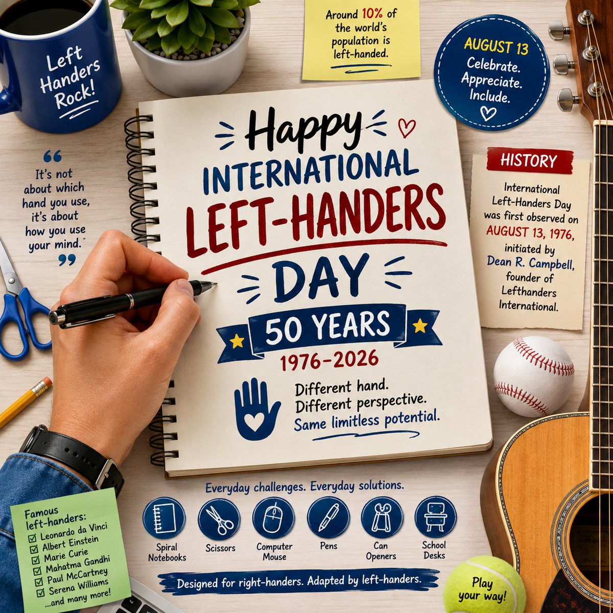 tecas2000's tweet photo. Today, Thursday, August 13, 2026, is International Left-Handers Day.
Observed every year on this date, the holiday celebrates left-handed people, who make up roughly 7–12% of the world’s population, and raises awareness of the everyday challenges they face in a world designed primarily for right-handers.

The day was first observed in 1976 by Dean R. Campbell, the founder of the Left-Handers Club (Lefthanders International). It gained wider recognition in the early 1990s through the UK-based Left-Handers Club as a way for lefties to celebrate their "sinistrality" and highlight the advantages and inconveniences of being left-handed.