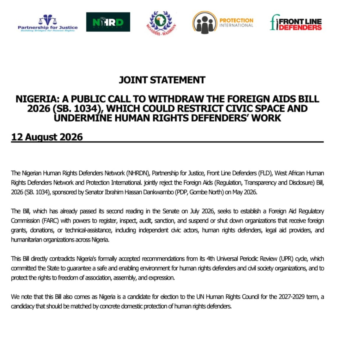 NigerianHRDN's tweet photo. We join the call for the immediate withdrawal of SB. 1034 and urge lawmakers to pursue legislation that strengthens accountability while safeguarding freedom of association, expression, and the vital work of human rights defenders #WithdrawSB1034 https://t.co/B9bSzq7bHQ