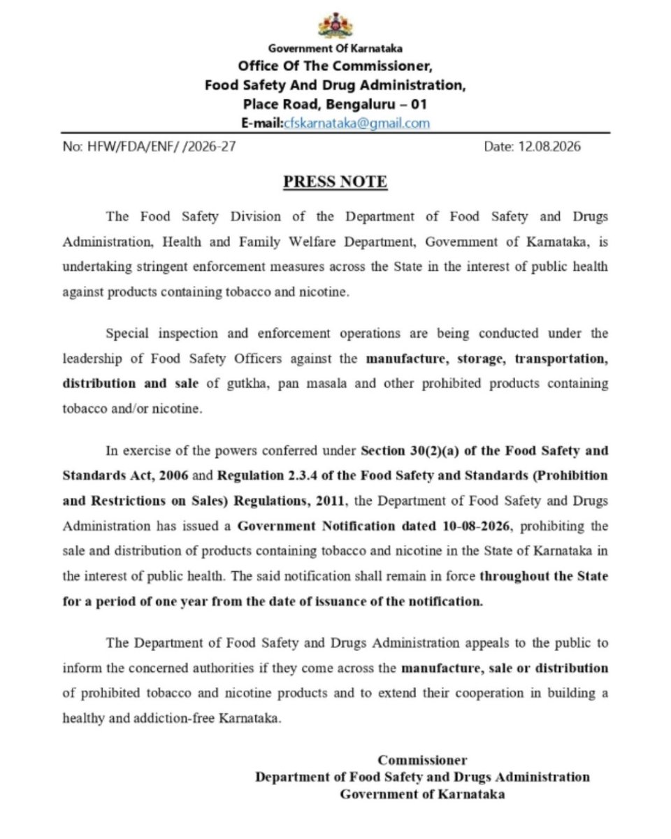 DesiBooze's tweet photo. Karnataka enforced a strict one-year ban on the manufacture, storage, and sale of Gutkha and Pan Masala across the state to protect public health, with stricter tobacco controls coming next! 🚫🚭 https://t.co/Z9MbscA4LG