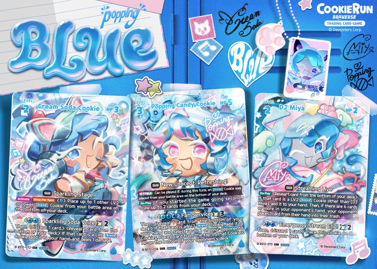 CRBraverseAsia's tweet photo. 💙 Pssshhh—!! FIZZZZ! 🫧🥤

Today, we’re serving up some refreshingly cool BLUE cards! 💙✨

🥤 Refreshing Vocals #CreamSodaCookie
🩵 Cool Fan Service #PoppingCandyCookie
🎧 Poppin’ Showtime #DJMiya

You’re invited to the sweet and fiercely competitive Festival Arena! 🫧

CookieRun: Braverse TCG Booster 12 [Festival Arena]
📅 Officially launching on October 2, 2026!

(🪁Get an early look at official stores starting September 25!)

#CookieRun #CookieRunBraverse #TCG