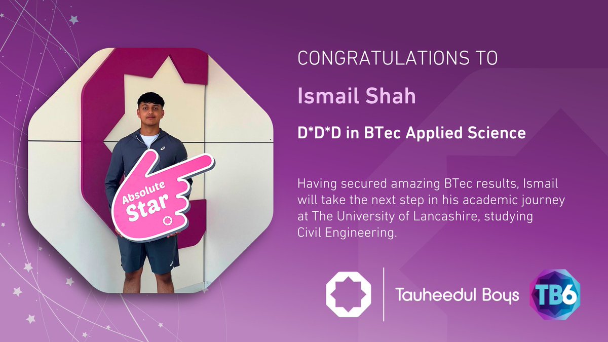 tauheedulboys's tweet photo. We applaud TB6 student Ismail for achieving D*D*D in BTec Applied Science.

He will be going on to study Civil Engineering at @Uni_Lancashire.

#TB6 #BTec #ResultsDay #WeAreStar
@StarAcademies https://t.co/NhyvTvMbre