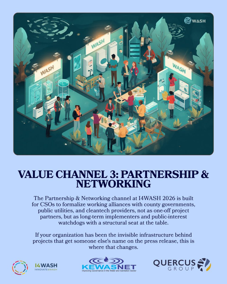 KEWASNET's tweet photo. Most CSO-utility relationships end when the project ends.
I4WASH's networking value channel is built to change that, connecting CSOs with county governments, public utilities, and cleantech providers to build sustainable alliances, not one-off collaborations. 
#I4WASH2026 https://t.co/Cemrq31Zoy