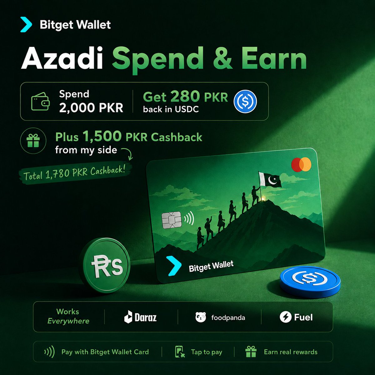 twinkle94432's tweet photo. 🇵🇰 Azadi Spend & Earn is here 🤑🔥

New to Bitget Wallet? 👀

Sign up using my link:
https://t.co/393s2HmhZN

Then spend 2,000 PKR at Daraz, foodpanda or Fuel using your Bitget Wallet Card and get:

💰 280 PKR cashback from Bitget Wallet
🎁 1,500 PKR cashback from my side

That’s a total of 1,780 PKR cashback on just 2K spend 😳🔥

@BitgetWallet

#AzadiSpendAndEarn