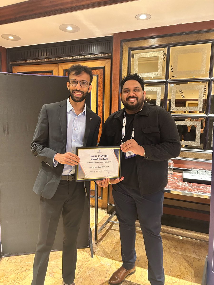 DecentroTech's tweet photo. We won! 🏆

Decentro is "#Fintech Company of the Year" at the India Fintech Awards 2026, @unifiedfintech 

Huge thank you to our team, our partners, and everyone who's built with us. 
Onwards &amp; upwards! 
#BuildWithDecentro 

#IndiaFintechConclave2026 #Fintech #AI https://t.co/LwprbXp7mg