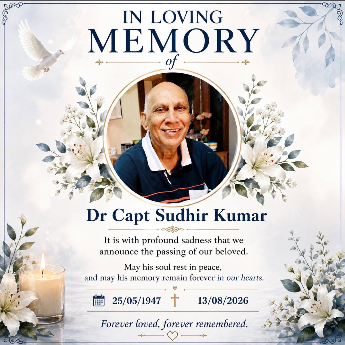 PrasharSdp's tweet photo. With profound sadness, we extend our heartfelt condolences on the passing of Dr. Capt. Sudhir Kumar. I met him on 31st Jul 26.

His contributions to the maritime community will be always remembered. May God give his family the strength and courage to bear this irreparable loss. https://t.co/JVoVlw7Evi
