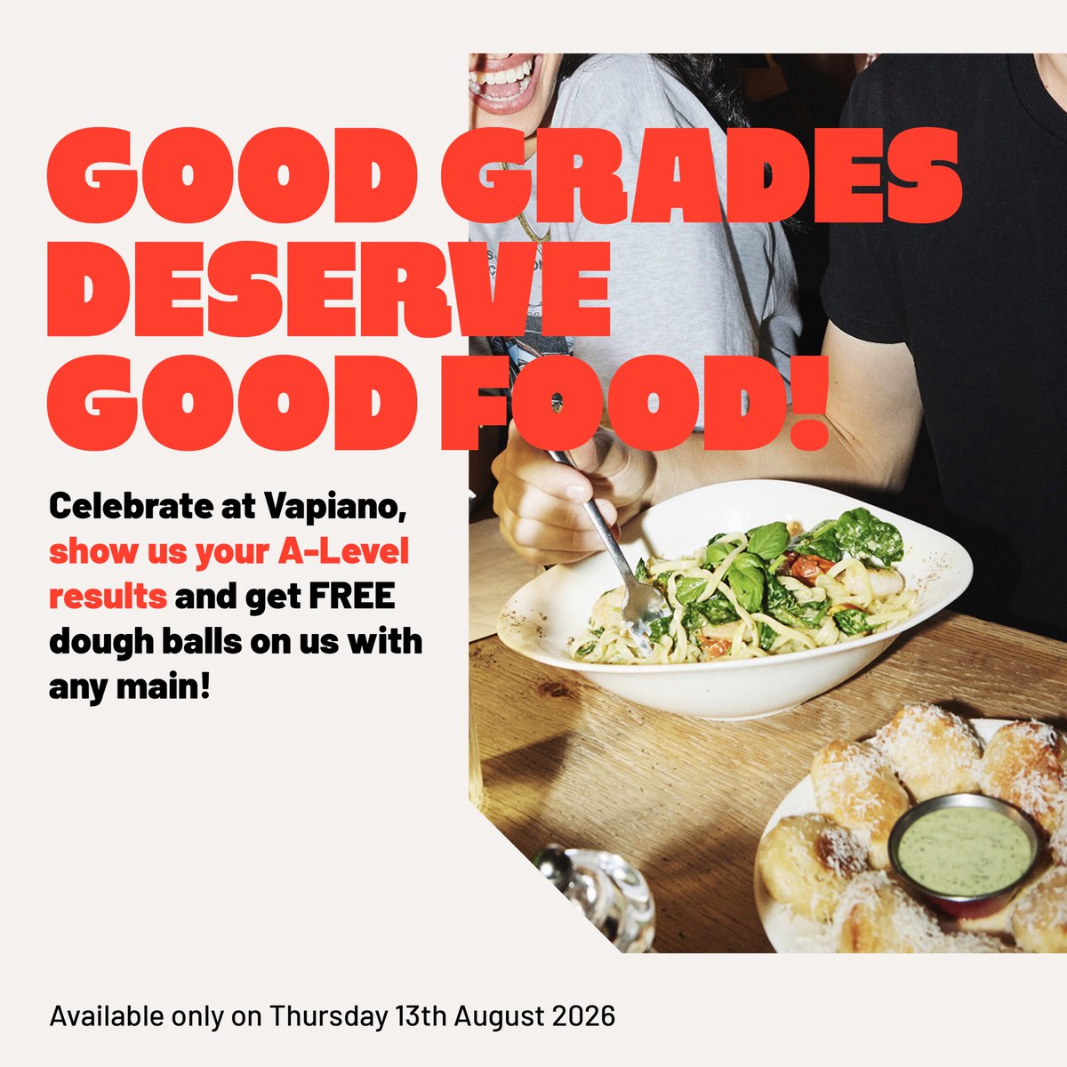 VapianoUK's tweet photo. Congratulations to everyone who received their results today! Celebrate with us, show is your results and receive FREE dough balls with any main👀🍕🍝 #resultsday #alevels #UCAS #university https://t.co/wVjTCEfIy8