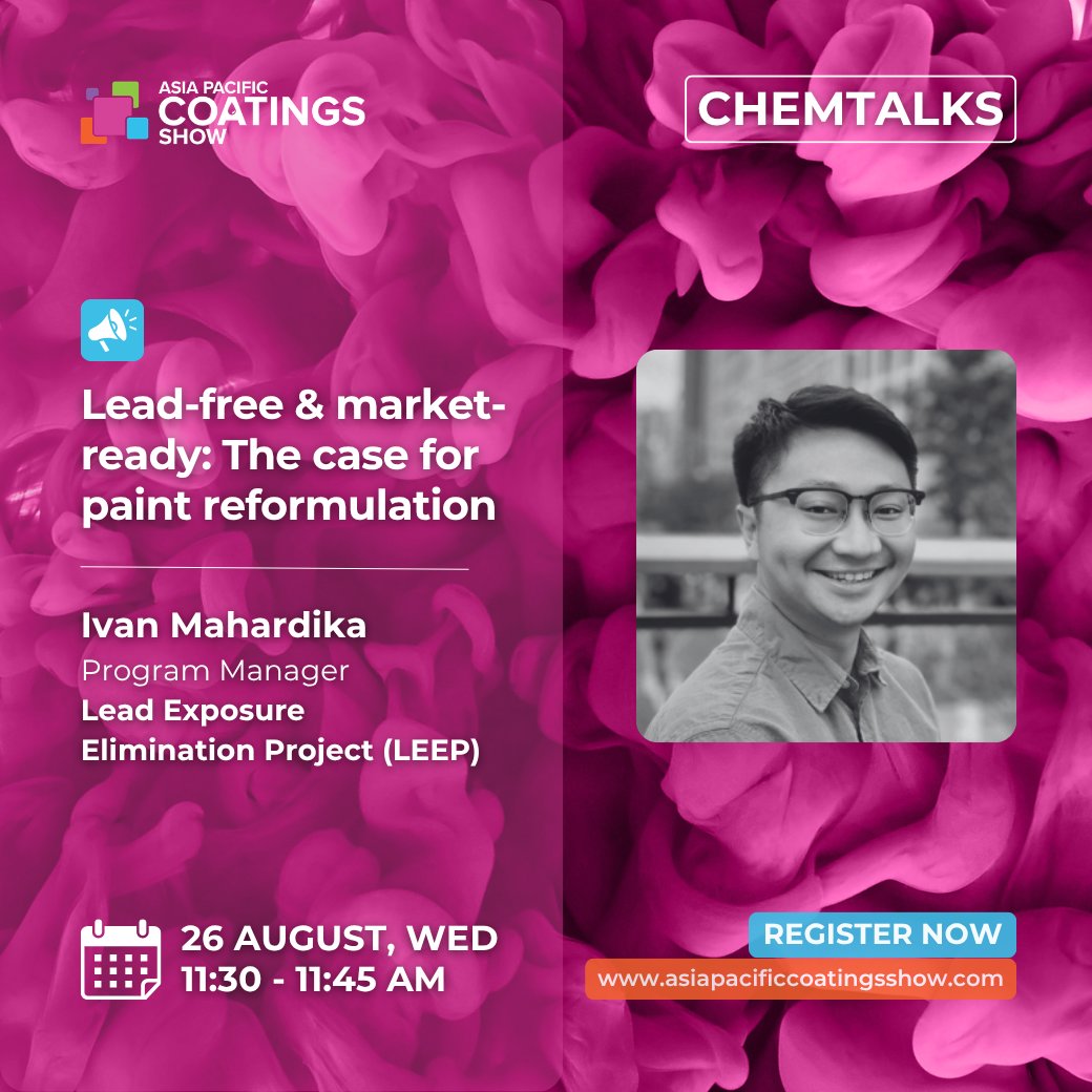 CoatingsGroup's tweet photo. Opening ChemTalks at the Asia Pacific Coatings Show 2026 is Ivan Mahardika.

"Lead-free &amp; market-ready: The case for paint reformulation" - Day 1 (Wed, 26 Aug), 11:30 - 11:45 AM.

Register now: https://t.co/S8BMKgp9u9

📅 26-28 August | Jakarta International Expo
#APCS https://t.co/eg7YTjhyi8
