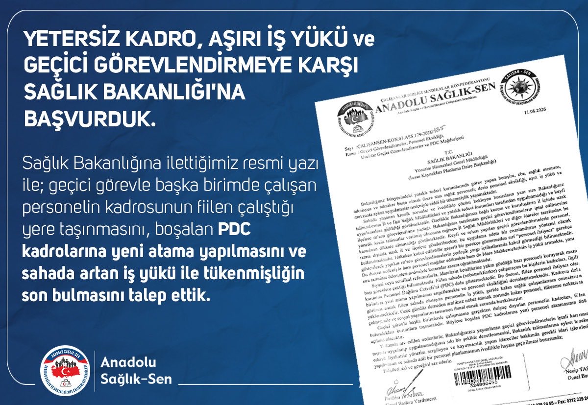 anadolusaglikgm's tweet photo. PDC’LER KÂĞIT ÜSTÜNDE DOLU, SAHADA TÜKENEN SAĞLIKÇILAR!
♨️Sağlıkçının Omuzundaki Yük Artık Taşınamaz Boyutta!
Sistemdeki bu çarpıklık derhal düzeltilmelidir.
♨️Fiilen sahada, nöbette veya klinikte olmayan personel, kadrosu dolu göründüğü için ihtiyaç olan birimlere yeni atama yolunu kapatmaktadır.
♨️Kadrosu dolu ancak kendisi yok sayılan her çalışanın yükü, sahada gece gündüz direnen fedakâr sağlık çalışanlarının omuzlarına yıkılmaktadır.
♨️Sürekli nöbet tutmak zorunda kalan personel; ailesini, sosyal yaşamını ve sağlığını tamamen kaybetme noktasına gelmiştir.
Çözüm Önerimiz
♨️Gerçekten başka birimde çalışmasına ihtiyaç duyulan personelin kadrosu, fiilen görev yaptığı kuruma devredilmelidir.
♨️Bu hamleyle boşalacak PDC kadroları sayesinde, sahada can çekişen birimlere yeni ve hak edilen atamaların önü açılacaktır.
♨️Sağlık Bakanlığı Yönetim Hizmetleri Genel Müdürlüğü’ne çağrımızı yaptık (11.08.2026 / Sayı: 185):
 #SiyasetinDeğilÇalışanınSendikası 
https://t.co/3gPnYd5SMN
☎️0312 229 24 55
🖨️0312 22924 56
📞0553 892 73 66
#anadolusağlıksen #pdc #geçicigörev
#geçicigöreviptali #sağlık #sağlıkçı #sağlıkçalışanı #işyükü
