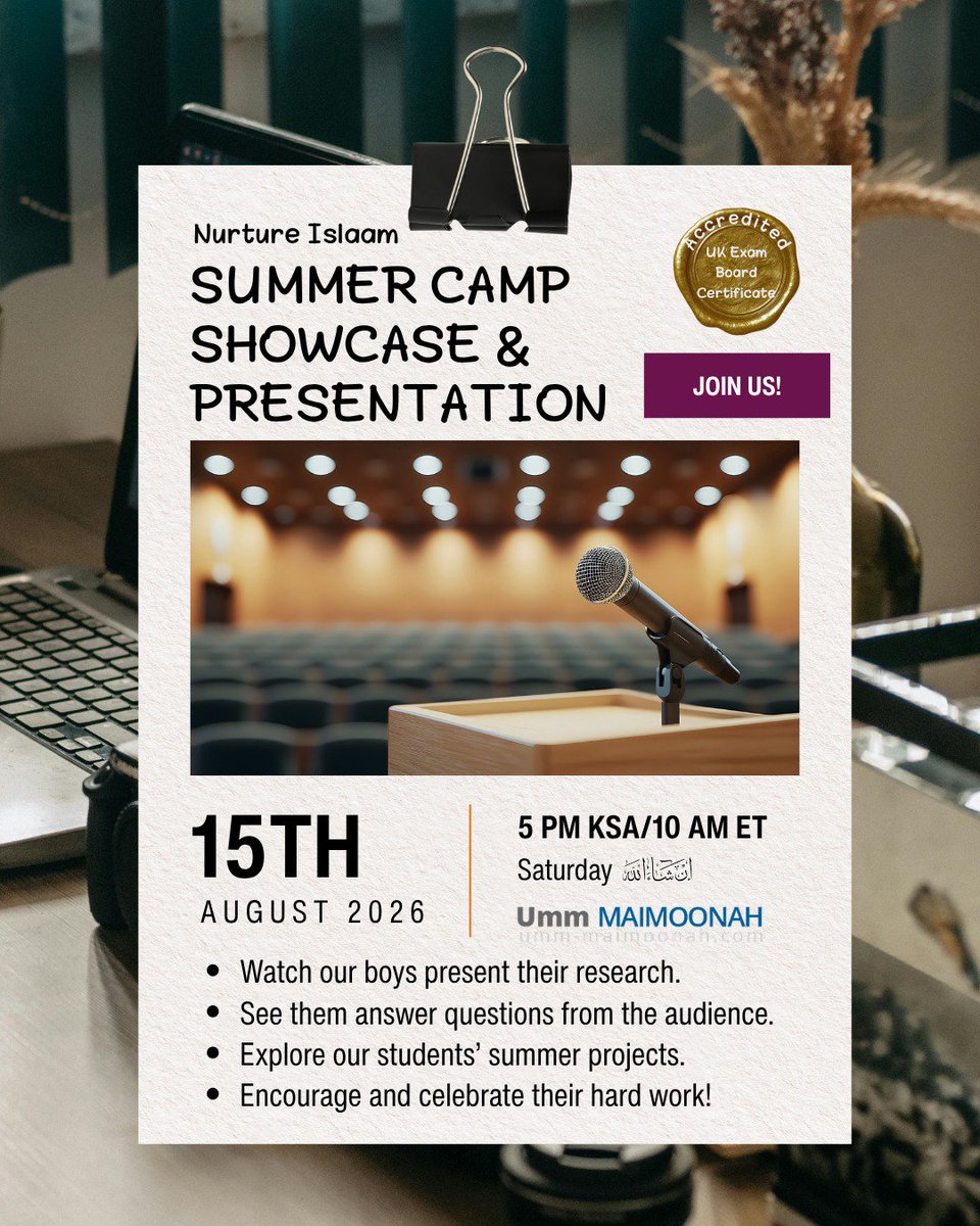 UMaimoonah's tweet photo. Alhamdulillaah our Summer Campers will be showcasing their work and presenting their research projects to students of knowledge and general audience in shaa Allaah this Saturday. 

Looking forward to seeing all parents and families of our summer campers on Saturday. In shaa Allah https://t.co/LKCDSDUYDS