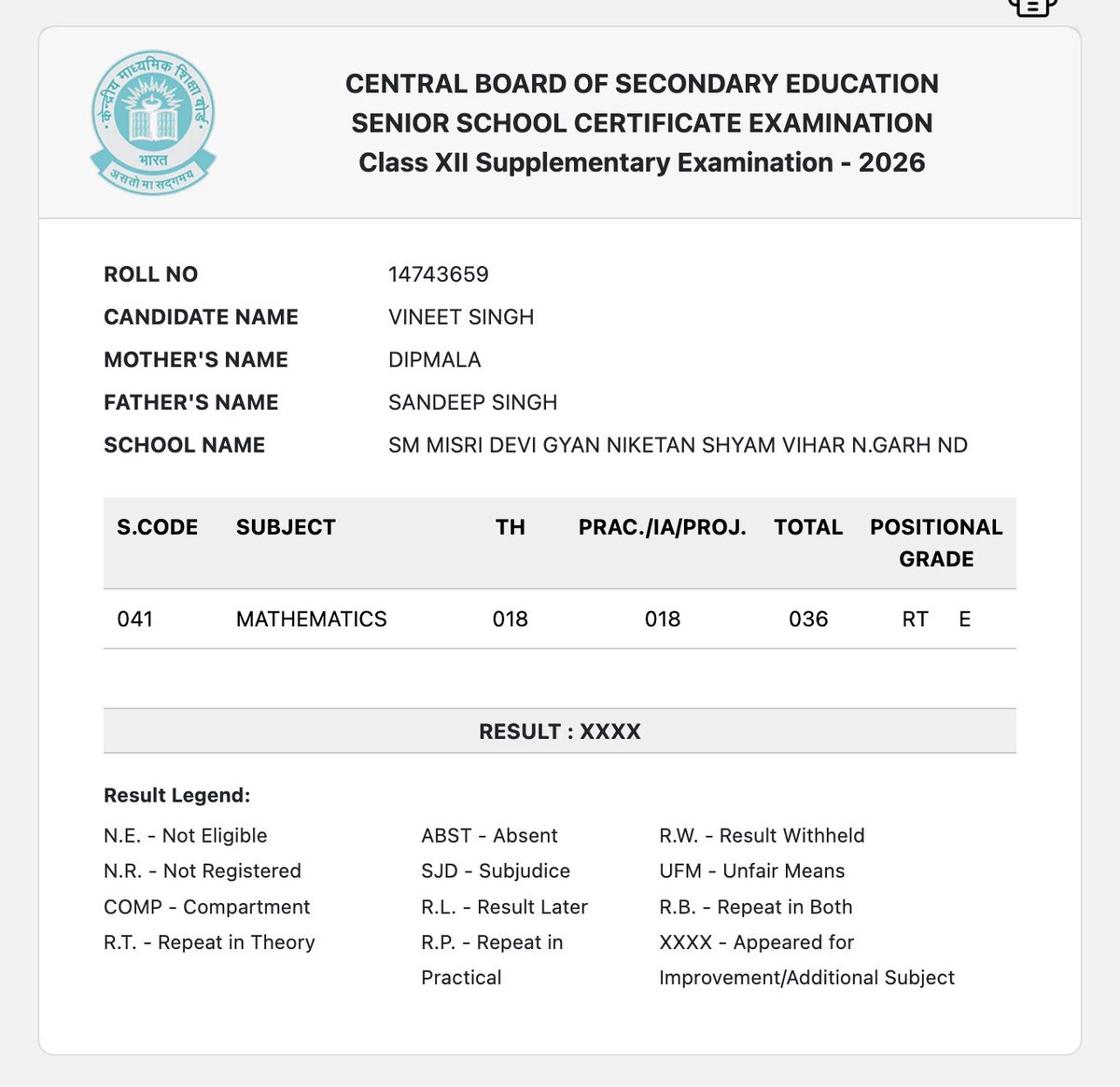 VineetSingh_29's tweet photo. I scored 18 Marks in Maths Supplementary🤣 
Wtf! Pura paper attempt kra ache se formula likha bc sbb kra🤣🙂 
I don't deserve these marks🙂 F**k u Really @cbseindia29 
#CBSE #compartment https://t.co/4AqULeZnYr