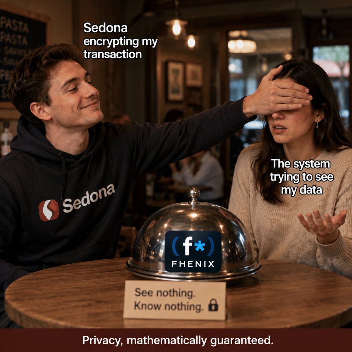labInweb3's tweet photo. Sedona basically said:

You can process my transaction, just don’t peek at the data.

Built on @fhenix  CoFHE, the data stays encrypted even while it’s being processed.

That’s the whole point of privacy https://t.co/hdMzFvXkw4