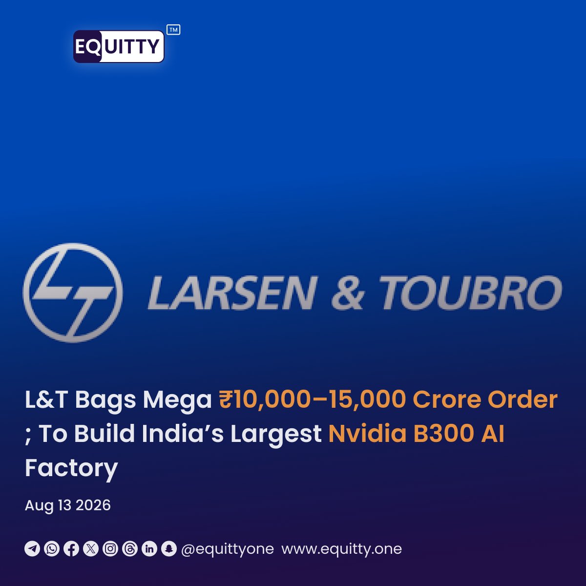 equittyone's tweet photo. Larsen & Toubro secured a mega order worth ₹10,000–15,000 crore to build India’s largest AI factory in Chennai for US-based Together AI, deploying 10,000 NVIDIA B300 GPUs.
#LarsenAndToubro #AIFactory #Nvidia #StockMarket #Tech
Join Telegram: https://t.co/h5Y3gHmE0s https://t.co/R7IXtmVaME