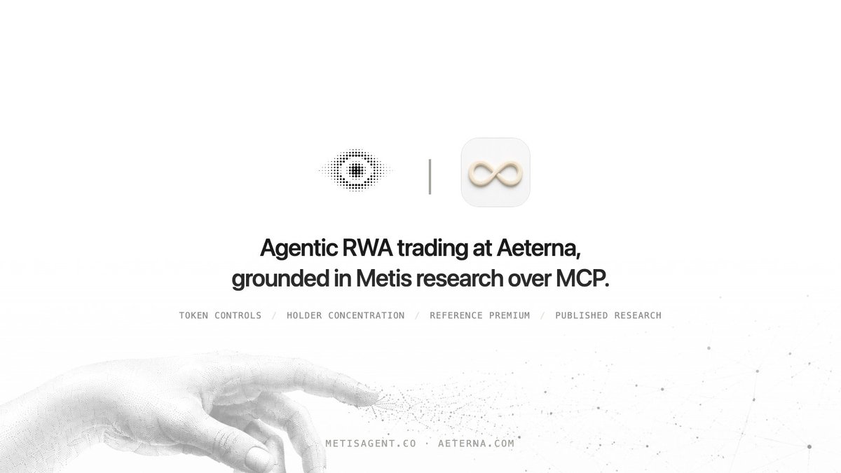 MetisAgent's tweet photo. Metis × Aeterna 

@aeterna_agent is building the financial layer for AI agents on @solana, enabling autonomous trading and decision-making.

Now, Metis research intelligence is becoming part of their workflow.

Through MCP, Aeterna agents can access structured RWA research, market signals, and evidence-backed intelligence from Metis to support their trading decisions.

Together, we’re building the foundation for agentic trading around tokenized markets on Solana.

On-chain AI is the future.