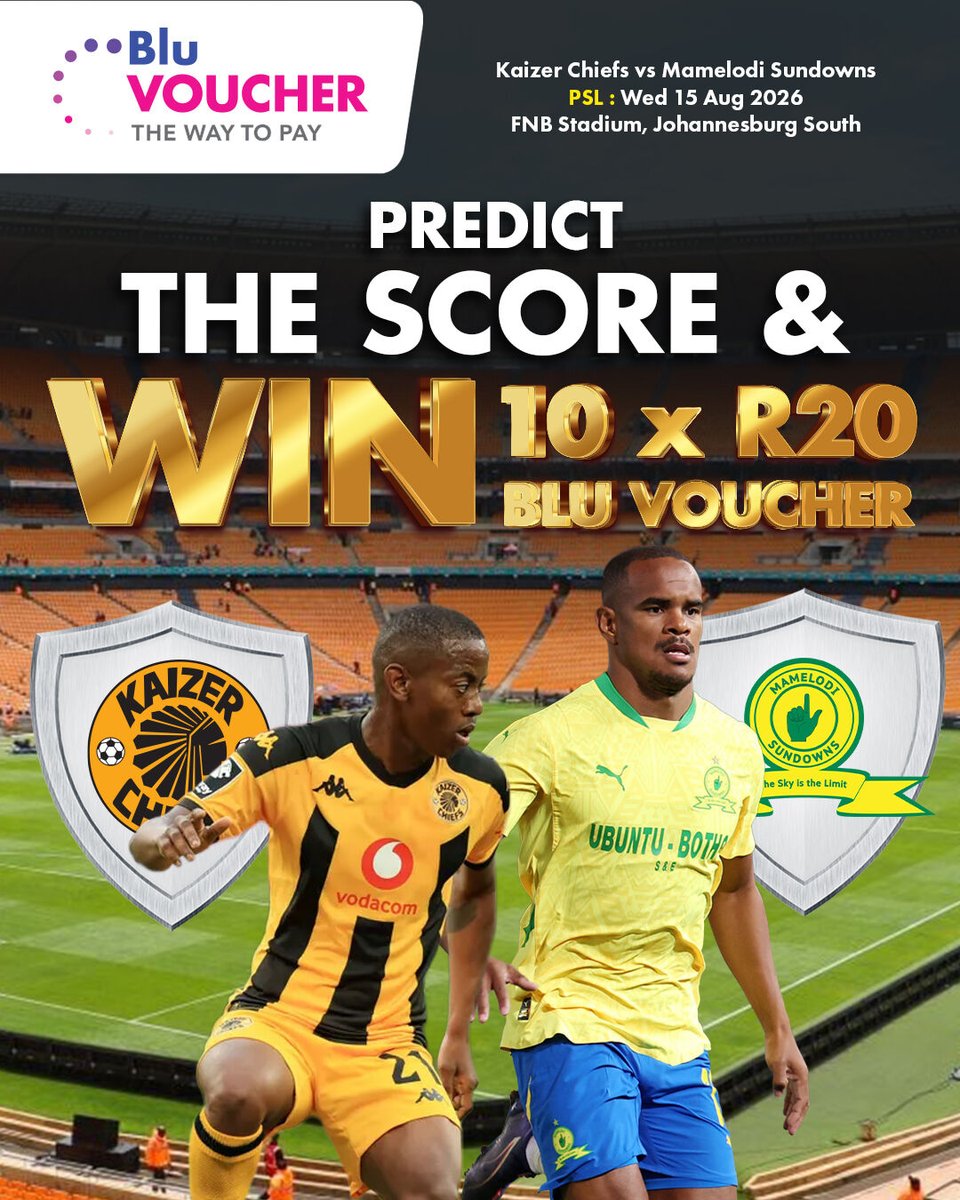 BluVoucher's tweet photo. Oh Yes, another one! 💙

We’ve got ANOTHER Predict the Score challenge!

Kaizer Chiefs VS Mamelodi Sundowns

Who’s taking the win?

Predict the winner and you could WIN 1 of 10 x R20 BluVouchers! 

Think you’ve got the football knowledge? Drop your prediction in the comments! 

HOW TO ENTER:
Comment your prediction with #BluDiskiPredictions
Competition closes at kick-off.

Winners will be chosen at random from all valid entries and announced on Tuesday.

Enter on Facebook, Instagram & X to triple your chances of winning!

Another game. Another prediction. Another chance to WIN! 💙

T&Cs apply.