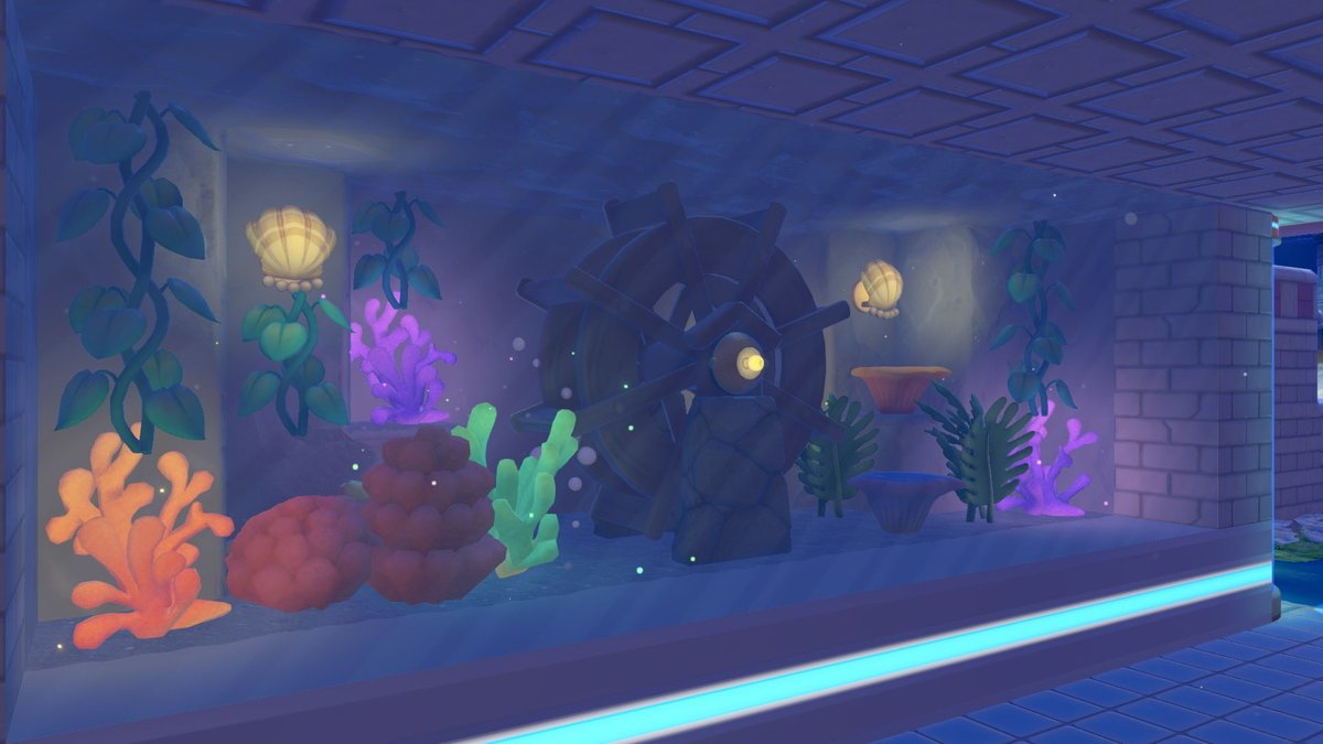 muunarton's tweet photo. ポケセンの通路の壁を水槽にするのを気に入りすぎて今度は横の壁にも作ってみた！

新たに水車を作るのにいい所がなかなか見つからなかったけど、これはいいのでは…！

#ぽこあポケモン #ぽこポケ https://t.co/wKpYLvb4fJ