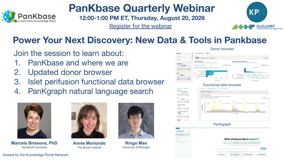 PanKbase's tweet photo. We're ONE week away from our next #PanKbase Office Hours!
🧬"Power Your Next Discovery: New Data & Tools in Pankbase"
📆 Aug 20, 2026 | 12–1 PM ET
🎙️ Featured speakers: Marcela Brissova, PhD, Annie Moriondo, Ringo Mao
💻 https://t.co/mZBZVhWLOX https://t.co/ReBE156asH